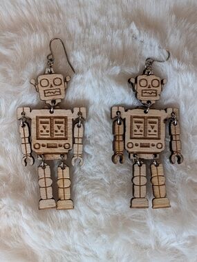 Handmade Wooden Robot Dangle Earrings - Natural Wood